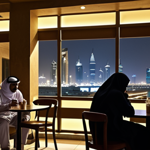 Home 4 **
A journalist in Doha secretly meeting with a contact in a dimly lit cafe. Emphasize the tension and risk in their conversation. Background should show a modern cityscape juxtaposed with traditional Qatari architecture. Subtle elements of censorship and surveillance are suggested through shadows and obscured camera angles. The color palette should be muted and evocative of secrecy.
**
