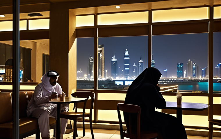 **
A journalist in Doha secretly meeting with a contact in a dimly lit cafe. Emphasize the tension and risk in their conversation. Background should show a modern cityscape juxtaposed with traditional Qatari architecture. Subtle elements of censorship and surveillance are suggested through shadows and obscured camera angles. The color palette should be muted and evocative of secrecy.
**