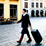 **

"A woman confidently walking through a bustling European city square, dressed in modest, stylish clothing, pulling a rolling suitcase. Cobblestone streets, charming cafes, bright daylight. She is holding a phone, seemingly checking a map, but aware of her surroundings. Safe for work, appropriate content, fully clothed, professional photography, perfect anatomy, natural proportions, tourist, travel, daytime."

**