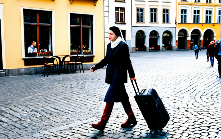 **
"A woman confidently walking through a bustling European city square, dressed in modest, stylish clothing, pulling a rolling suitcase. Cobblestone streets, charming cafes, bright daylight. She is holding a phone, seemingly checking a map, but aware of her surroundings. Safe for work, appropriate content, fully clothed, professional photography, perfect anatomy, natural proportions, tourist, travel, daytime."
**