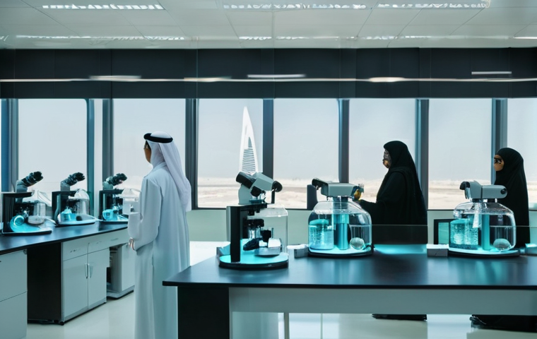 카타르 여성의 사회적 위치 - **Prompt:** A dynamic, wide shot of a modern university science laboratory in Doha, Qatar. Several y...