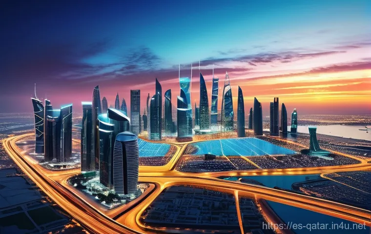 카타르의 LNG 산업 - **Prompt:** A visually striking, futuristic depiction of Qatar's strategic vision in the global ener...