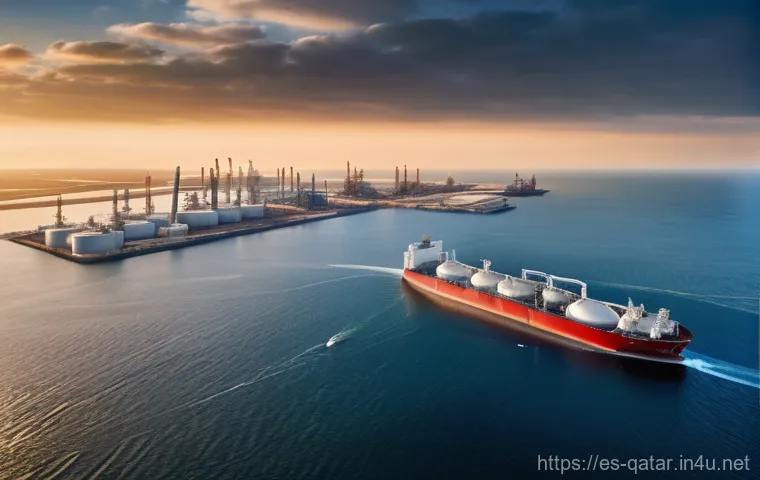 카타르의 LNG 산업 - **Prompt:** A visually striking, futuristic depiction of Qatar's strategic vision in the global ener...