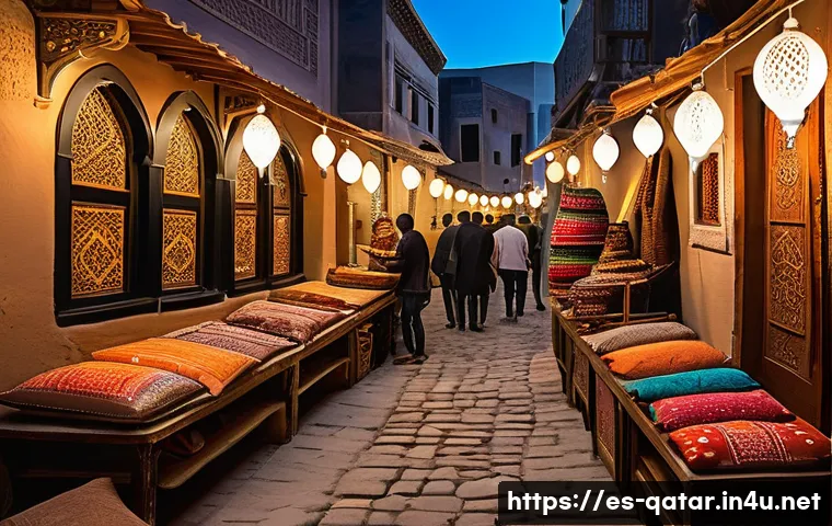 카타르 전통 시장 수크 와키프 - A bustling traditional Middle Eastern market street at twilight, featuring narrow stone-paved alleys...