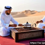 카타르 커피 문화 - A traditional Qatari coffee ceremony scene set in an elegant majlis with men and women dressed in mo...