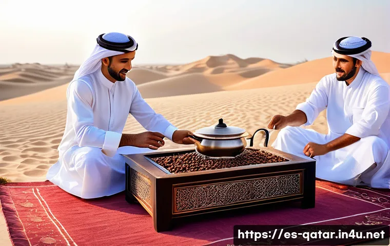 카타르 커피 문화 - A traditional Qatari coffee ceremony scene set in an elegant majlis with men and women dressed in mo...