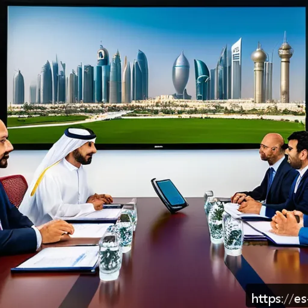 카타르의 주요 법적 분쟁 - A professional business meeting scene in Doha, Qatar, featuring diverse foreign investors and local ...