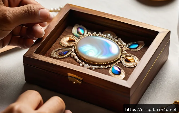진주산업의 전성기 - A close-up shot of a skilled artisan&rsquo;s hands delicately inlaying iridescent mother-of-pearl into an ...