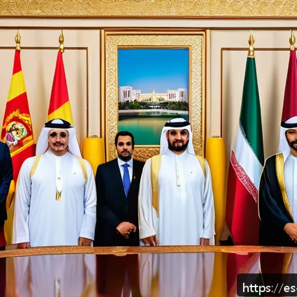 카타르의 외교 전략 - A sophisticated diplomatic meeting room in Doha, Qatar, featuring a diverse group of Middle Eastern ...