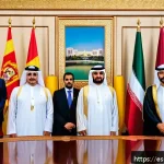 카타르의 외교 전략 - A sophisticated diplomatic meeting room in Doha, Qatar, featuring a diverse group of Middle Eastern ...