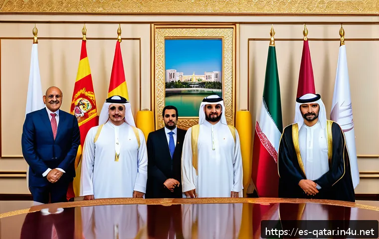 카타르의 외교 전략 - A sophisticated diplomatic meeting room in Doha, Qatar, featuring a diverse group of Middle Eastern ...