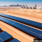 카타르와 기후 변화 대응 - A vast solar power plant in the Qatari desert under a bright blue sky, featuring rows of large photo...