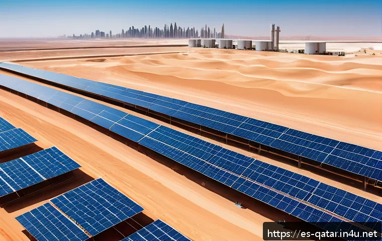 카타르와 기후 변화 대응 - A vast solar power plant in the Qatari desert under a bright blue sky, featuring rows of large photo...