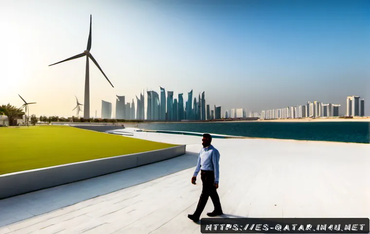 카타르의 경제 다각화 - Photorealistic wide-angle view of Qatar’s diversified economy, a modern Doha skyline beside a clean ...