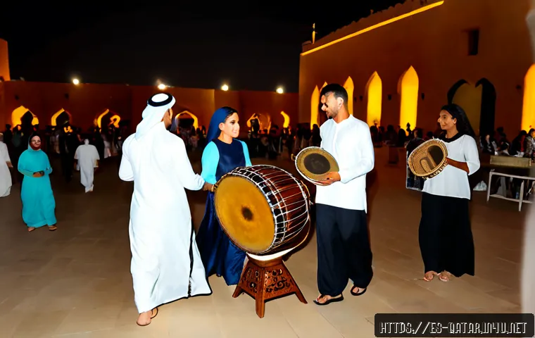 카타르 내 다양한 문화 축제 - Photorealistic evening cultural festival in Doha, Qatar, diverse families in elegant modest traditio...
